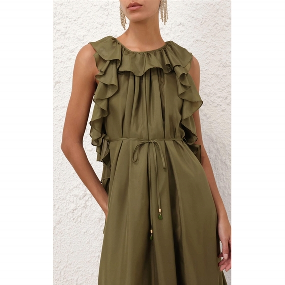Zimmermann Cascadian Ruffle Midi Kjole, Olive 